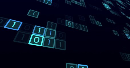 Wall Mural - Blue digital squares that have letter of zero and one are moving randomly. Seamless Loop.