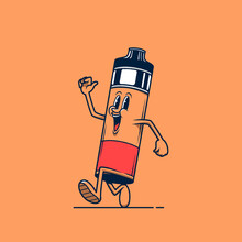 Orange Vaping Device Store Mascot Walking. Retro Vintage Cartoon Logo Illustration.