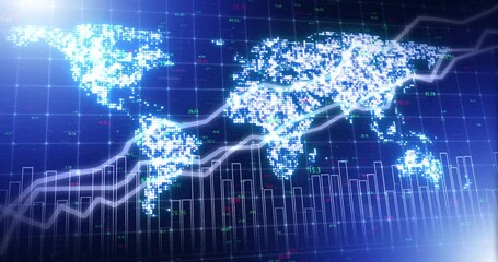 Aufkleber - Global investment data, world map finance economy and stock market digital graphs for future analytics, inflation stats and forex trading. International abstract, fintech growth in iot stocks network