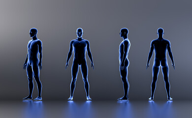 technological human hologram of a male mannequin standing standing in straight t -pose - 3d anatomy 