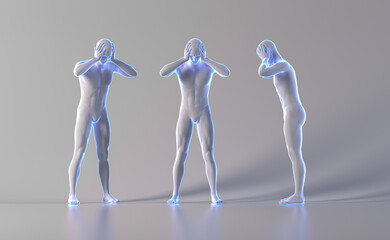 technological human hologram of a male mannequin standing with hands holding his head with pain and 