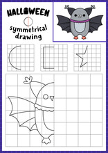 Halloween Symmetrical Drawing Worksheet. Complete The Bat Picture. Vector Autumn Holiday Writing Practice Worksheet. Printable Black And White Activity For Preschool Kids. Copy The Picture.