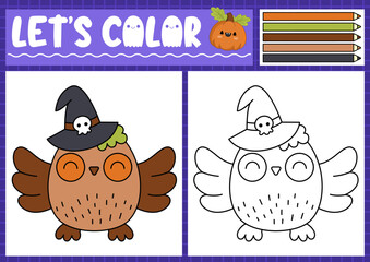 halloween coloring page for children with cute kawaii owl. vector autumn holiday outline illustratio