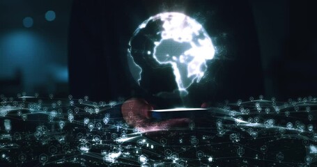 Leinwandbilder - Business woman, phone or futuristic global networking on world globe or 3D design pattern in night office. Abstract zoom on company hiring manager hands, employee or worker and ai technology hologram