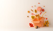 Autumn decoration background with orange leaves, shopping bag, gift box, acorn, copy space text, 3d rendering illustration