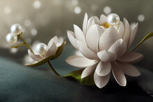 Lotus White Light With Pearls On A Sparkly Background. Close-up Of A Water Lily Flower With Buds.Image For Wedding Invitations, Packages, And Cards. 3D Rendering.
