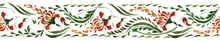 Ukrainian Folk Painting Style Petrykivka. Floral Watercolor Seamless Border Pattern From Red Lupine Flowers And Green Leaves On A White Background. Ethnic Design