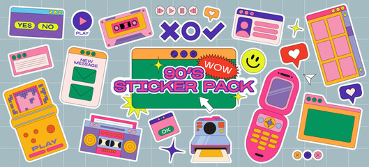 Wall Mural - hippie retro stickers, 90s game style and web frames. funny cartoon joystick, tetris, old computer, 