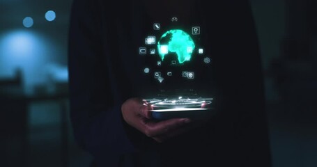 Fototapete - Smartphone 3D hologram, global networking or worldwide software of big data on internet or social media and dark cyber security, scifi background. Digital tech, cyberpunk and futuristic IT user hand