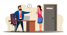 Unemployment Concept With Angry Boss Dismisses Employee. Director Points Fired Manager At Door, Crying Woman Standing In Cabinet. Jobless Troubles, Work Crisis, Job Reduction. Vector Illustration
