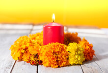Candles And Marigold Flowers. Day Of The Dead Concept Dia De Los Muertos
