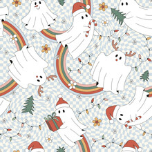 Retro 70s 60s Hippie Groovy Christmas Ghost Flower Rainbow Garland Vector Seamless Pattern. Xmas Floral Santa Reindeer Snowman Spook Checkerboard Background. Trippy Dancing Ghosts Surface Design.