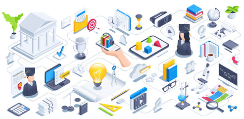 isometric vector illustration on a white background, a concept on the topic of education, a set of icons of books and gadgets for study, people in bachelor's caps and a cup with a light bulb