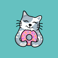 Cute Cat Holding Donut - Funny Donut Cat Logo Mascot