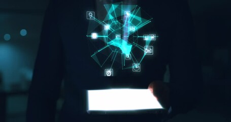 Businessman, tablet and futuristic networking app design for digital marketing, gdpr and digital transformation in night office. Zoom on hands, future software and 3d design pattern by ux programmer