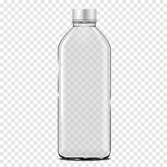 Wall Mural - Clear empty glass bottle with white plastic screw cap on transparent background realistic vector mockup. Liquid product packaging mock-up