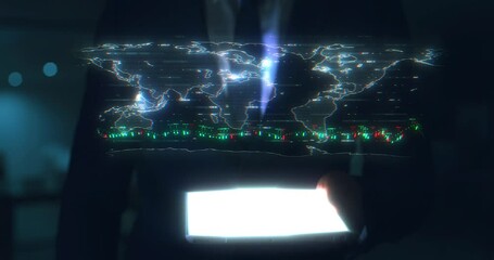 Fototapete - Ux, ui and digital with a 3d world map on a tablet in the hands of a business man in an office at work. Global, graphic or ai for tracking, data and innovation with a futuristic matrix of information