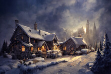 House In The Mountains During Snowing Outside Illustration Image