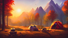 Artistic Concept Painting Of A Beautiful Camping Outdoor, Background Illustration.