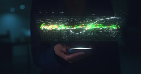 Aufkleber - Hands, stock market and futuristic phone with digital screen for 3d finance analytics design. Fintech tech and trading technology for the modern and innovative financial investor on the web.