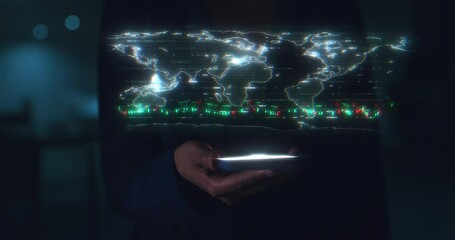 Leinwandbilder - Woman, phone and global stock market abstract for forex trading, futuristic data or world chart design in 3D light pattern. Zoom on financial broker hands at night with fintech app for economy growth