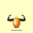 Chicken egg in a crown casts a shadow with biceps. Protein source. Sport. Healthy food. Diet. Proper nutrition.