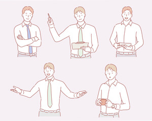 business man illustration in different emotions and poses. hand drawn style vector design illustrati