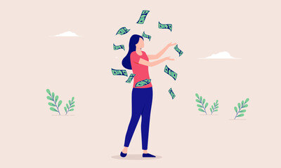 Fototapete - Woman with money - Female person making money, standing in casual clothes throwing paper bills in air. Flat design vector illustration