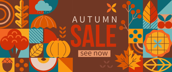 Wall Mural - Autumn sale 2022 horizontal banner with pumpkin,pie,maple leaf in geometric simple style for seasonal shopping promotion,web.Template for discount cards,flyers, posters, ad,presentation, print.Vector.