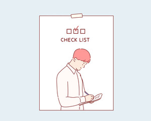 Man taking a memo. The background is a checklist note. Hand drawn style vector design illustrations.