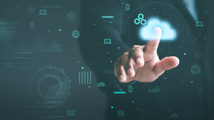Wall Mural - a young businessman uses cloud networking technology to communicate and connect data servers around 