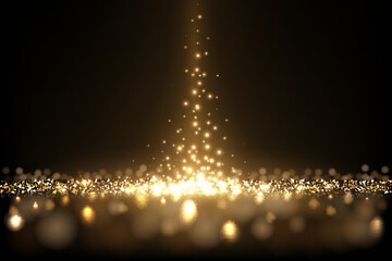 Wall Mural - Gold glitter and sparkle of falling confetti in spotlight light beam, burst of particles
