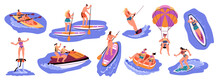 Water Ski Sport. People Beach Vacation. Surfer Banana Board. Parasailing Ride. Tube Paddle. Girl Snorkeling. Boy Surfing Or Kiteboarding. Summer Activities. Vector Illustrations Set