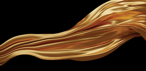 Gold cloth flying in the wind isolated on black background 3D render