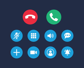 Wall Mural - Video call icon set. Containing phone, camera, chat, sound and notification on screen. Vector buttons template for mobile phone and online app.