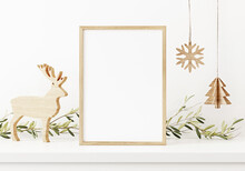 Brown Vertical Frame Mockup In White Interior With Hanging Christmas Decoration, Wooden Deer And Green Plant Garland. 3D Rendering, Illustration.