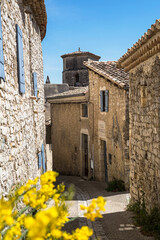 Vertical view of the paved street and the old stone buildings and school of the french Marsanne village with typical yellow flowers from Provence.