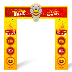 happy durga puja festival sale banner, navaratri festival offer banner template design with goddess durga face illustration