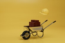 Construction Wheelbarrow With Bricks And A Safety Helmet On A Yellow Background. 3d Render