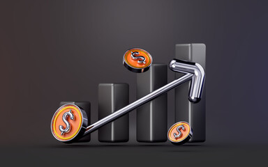 Wall Mural - business line chart with dollar coin sign on dark background 3d render concept for financial status