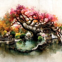 Canvas Print - Digital illustration of oriental autumn garden with beautiful colorful trees and a pond