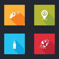 Sticker - Set Pistol or gun, Location peace, Bullet and Bomb explosive planet earth icon. Vector