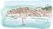 Dubrovnik city of Croatia. Watercolor illustration, vector illustration for calendar, travel magazine, social media post