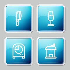 Sticker - Set line Meat chopper, Wine glass, Kitchen timer and Manual coffee grinder icon. Vector