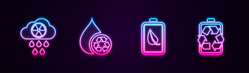 Set line Acid rain and radioactive cloud, Recycle clean aqua, Eco nature leaf battery and Battery with recycle. Glowing neon icon. Vector