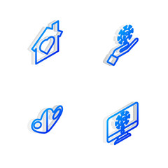 Sticker - Set Isometric line Hand with virus, House heart inside, Medical protective mask and Virus statistics on monitor icon. Vector