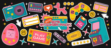 Hippie Retro Stickers, 90s Game Style And Web Frames. Funny Cartoon Joystick, Tamagotchi, Tetris, Old Computer, Game Machine.vintage Set Of Vector Elements In Groovy Acid Style.