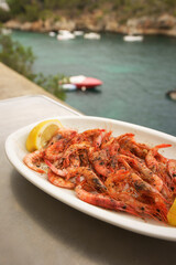 Restaurante Sa Cala, gambas frescas.Cala Figuera. Santanyi.Mallorca.Islas Baleares. España.