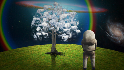 Wall Mural - Astronaut in surreal landscape with clouds tree
