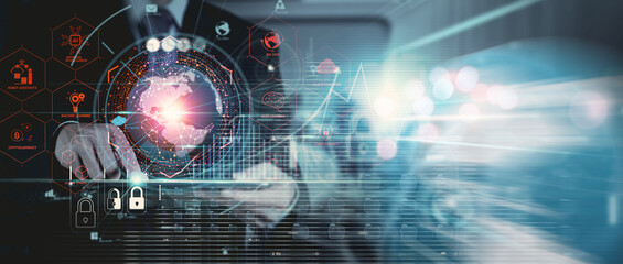 Wall Mural - cyber security and data protection business intelligence, businessman and digtal tablet global netwo